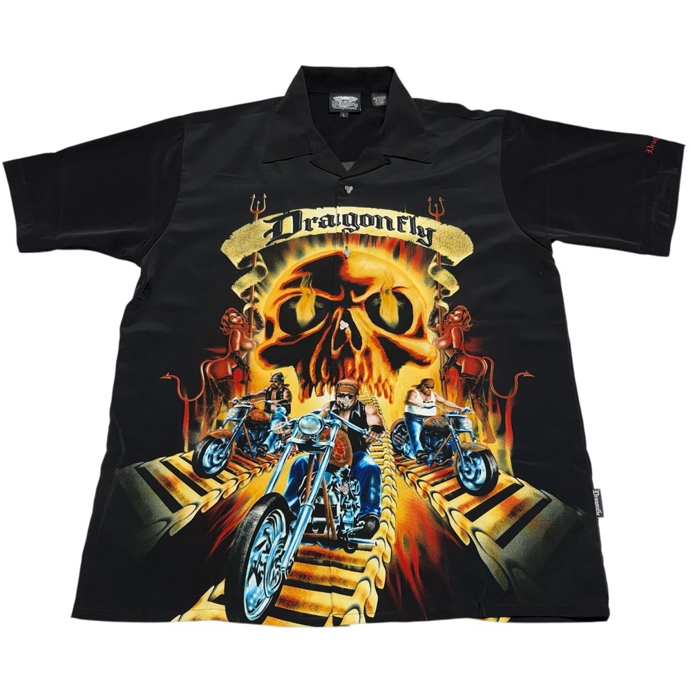 Dragonfly‎ Skull Motorcycle Biker Button Shirt Mens L Y2K Chopper Flames